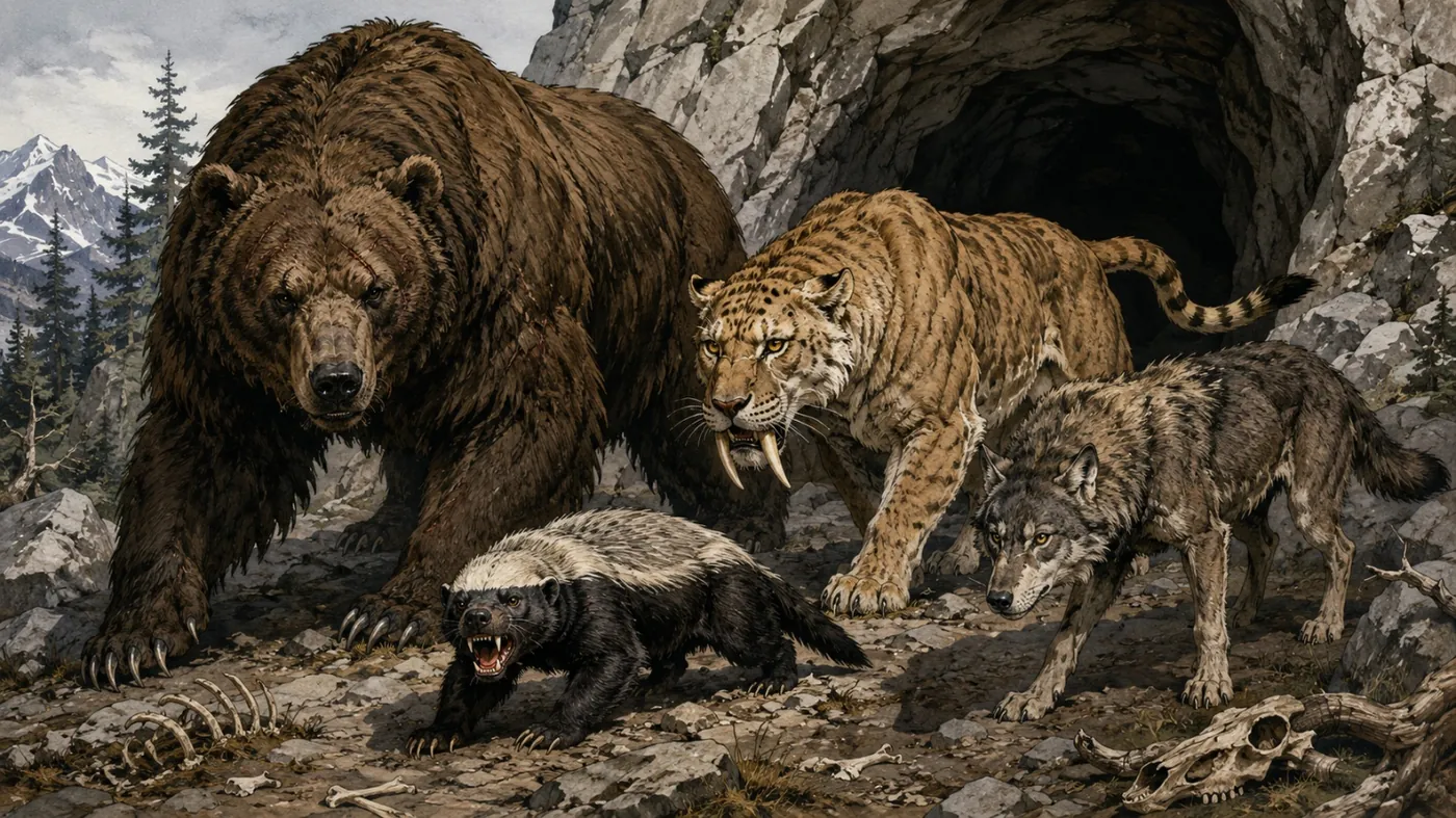 The image depicts three large, imposing bears standing inside a rocky cave, with one bear in the foreground and two others behind, amidst a snowy, mountainous landscape. KI-generierte Inhalte können fehlerhaft sein.