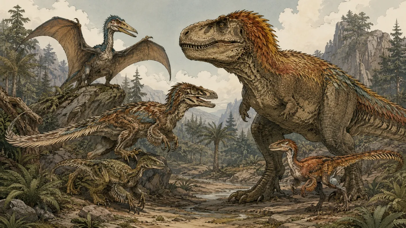 The image depicts a prehistoric landscape with three large dinosaurs, including a Tyrannosaurus rex, a Velociraptor, and a Deinonychus, navigating a rocky terrain amidst towering trees. KI-generierte Inhalte können fehlerhaft sein.