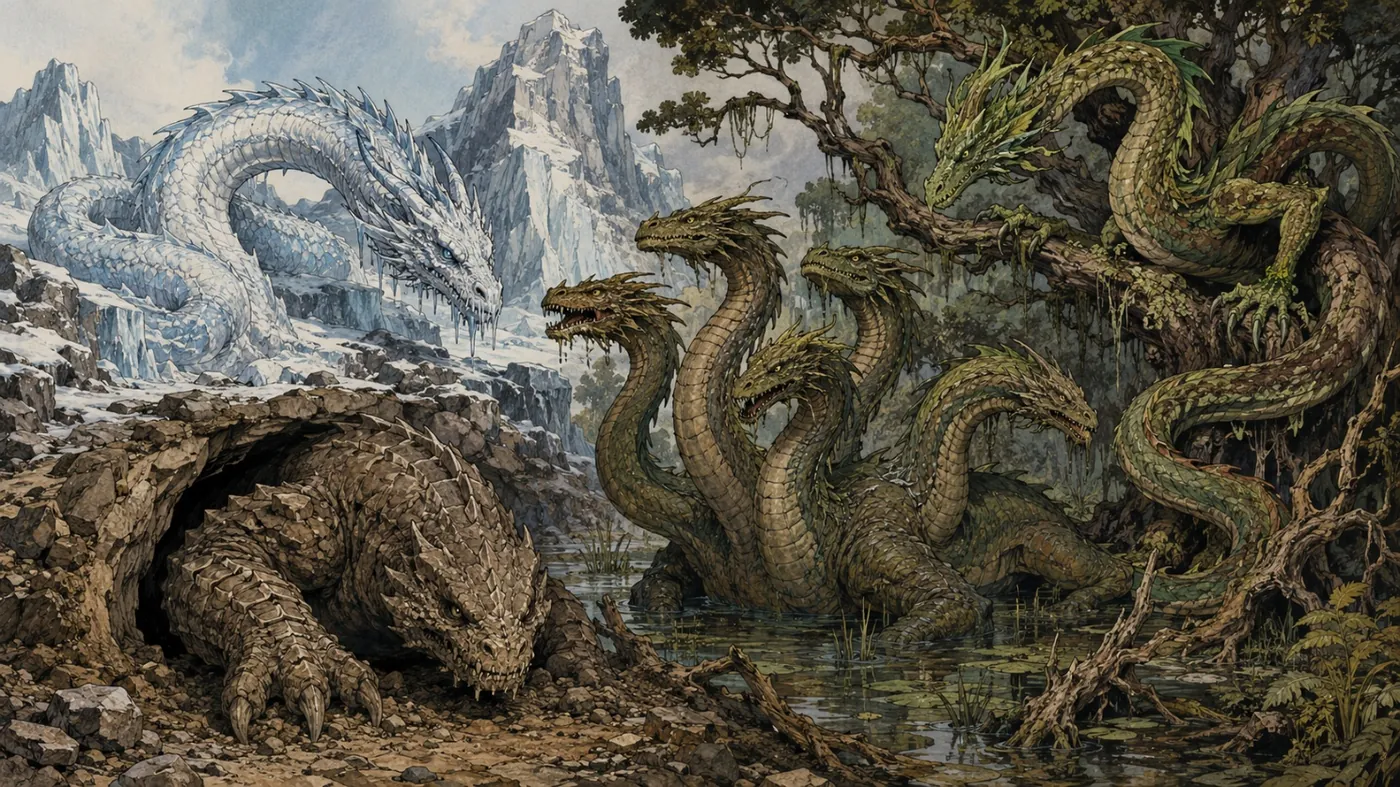 The image depicts a pair of majestic, serpentine dragons entwined around a snowy mountain, creating a dramatic and fantastical scene. KI-generierte Inhalte können fehlerhaft sein.