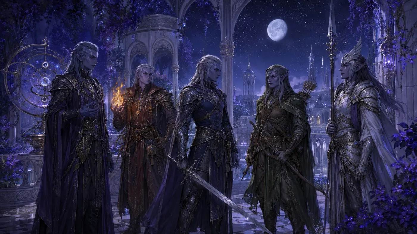 The image depicts a group of medieval characters in ornate, gothic attire, gathered around a castle entrance under a star-filled night sky. KI-generierte Inhalte können fehlerhaft sein.