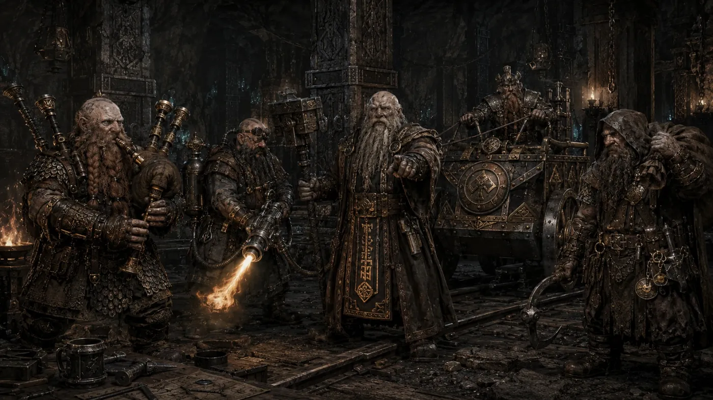 The image depicts a dark, medieval-style scene with a group of hooded figures, one of whom is holding a sword, amidst a backdrop of ancient, ornate machinery and torches. KI-generierte Inhalte können fehlerhaft sein.