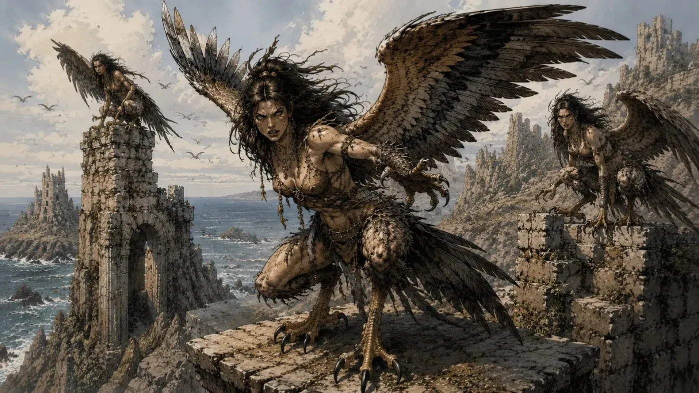 The image depicts a dramatic, gothic scene with a majestic, winged figure holding a sword against a backdrop of rugged, cliffside ruins and a stormy sea. KI-generierte Inhalte können fehlerhaft sein.