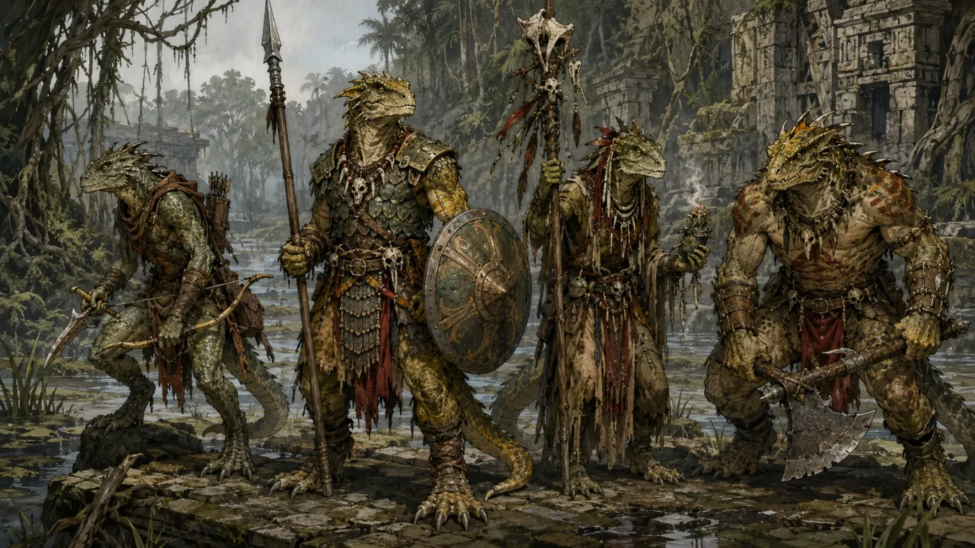 The image depicts a group of medieval knights in armor, with one standing guard and the others forming a line, near a ruined wall and dense forest. KI-generierte Inhalte können fehlerhaft sein.