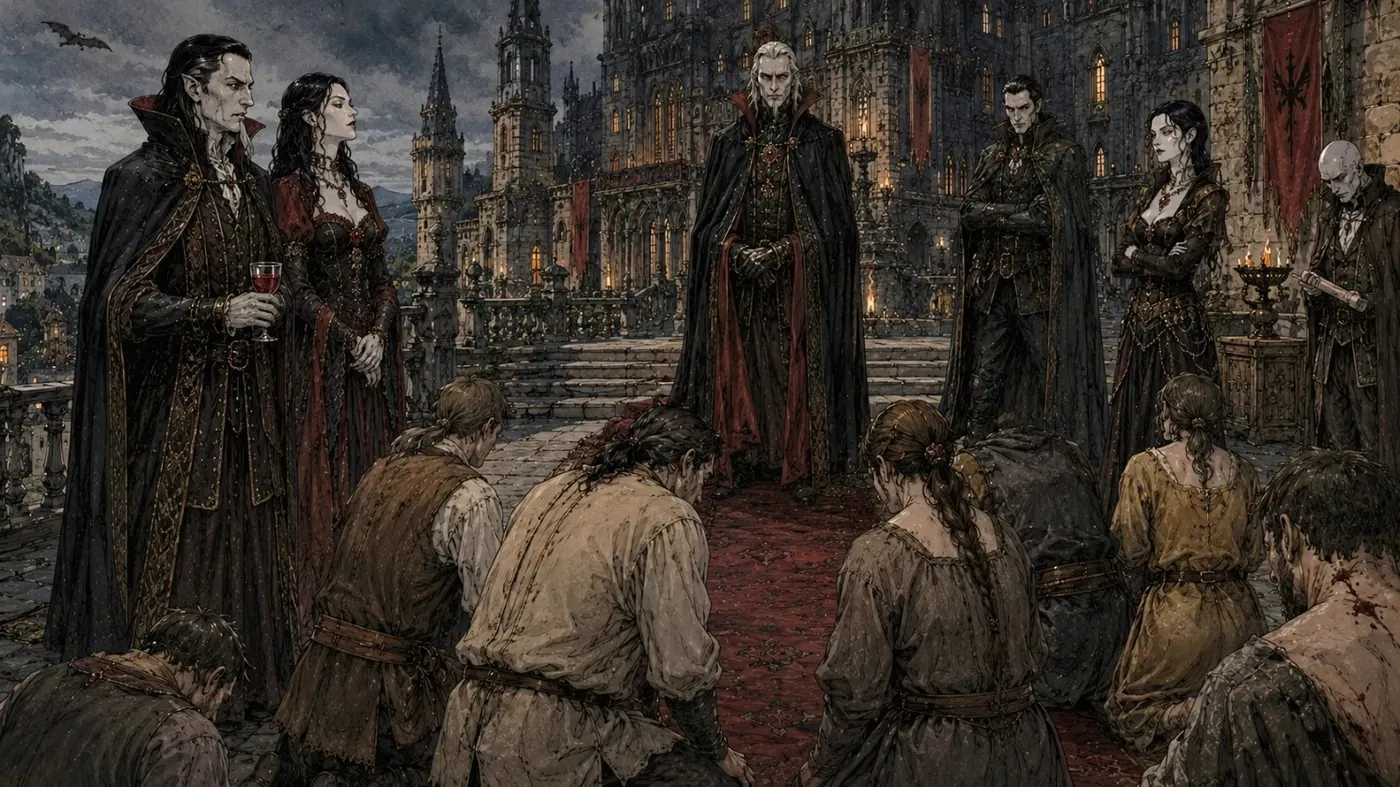 The image depicts a dark, gothic-style scene with a large, ornate structure in the background, a crowd of people gathered in a circle, and a character in a black, long dress standing in the center, possibly holding a staff or a symbol. KI-generierte Inhalte können fehlerhaft sein.