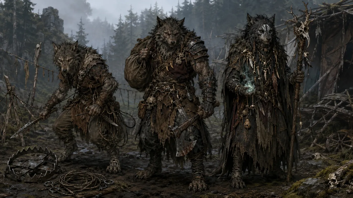 Three menacing, grizzly-faced creatures stand in a forest, their grizzly fur covered in barbed wire, and their eyes glowing with an otherworldly light. KI-generierte Inhalte können fehlerhaft sein.