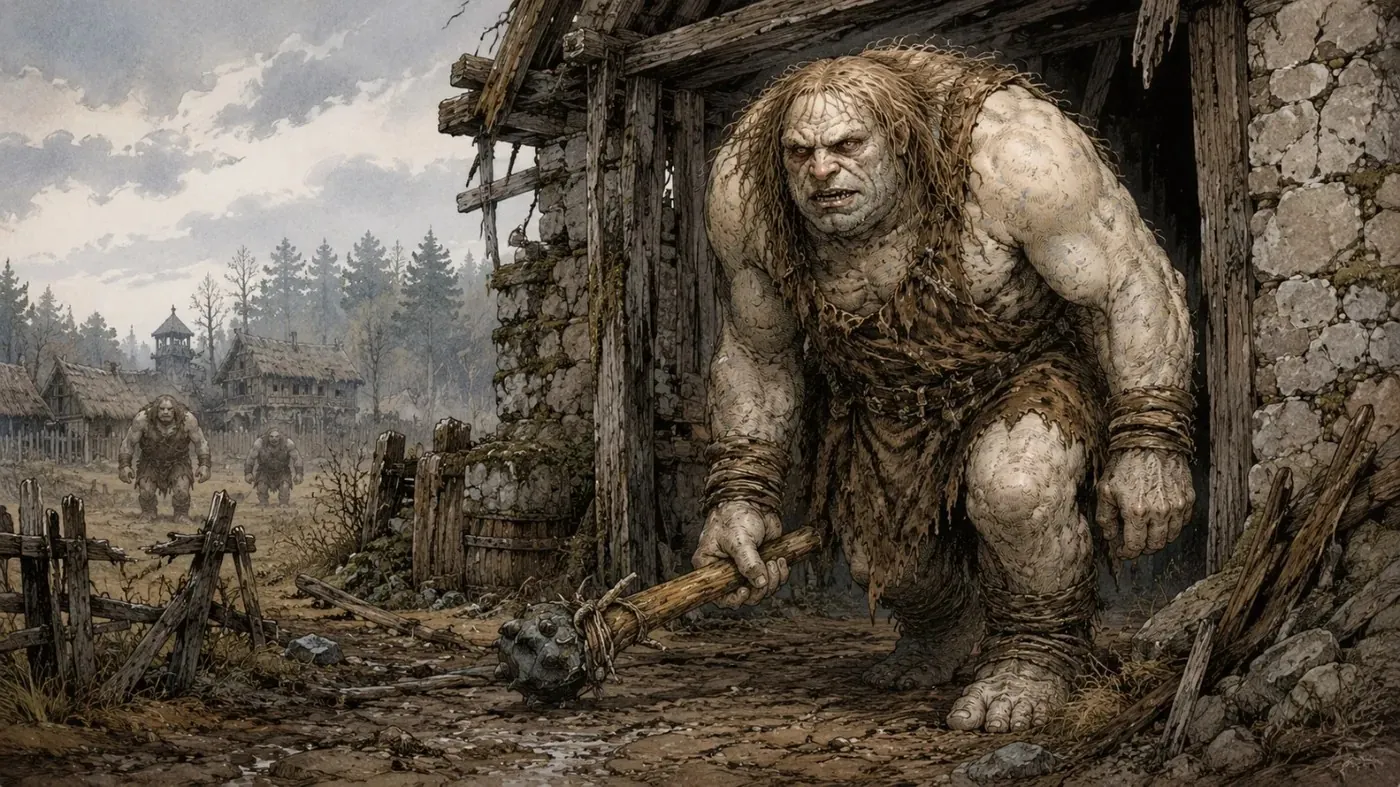 The image depicts a towering, muscular humanoid figure wielding a large wooden hammer, surrounded by a rustic, medieval-like setting with small buildings and trees. KI-generierte Inhalte können fehlerhaft sein.