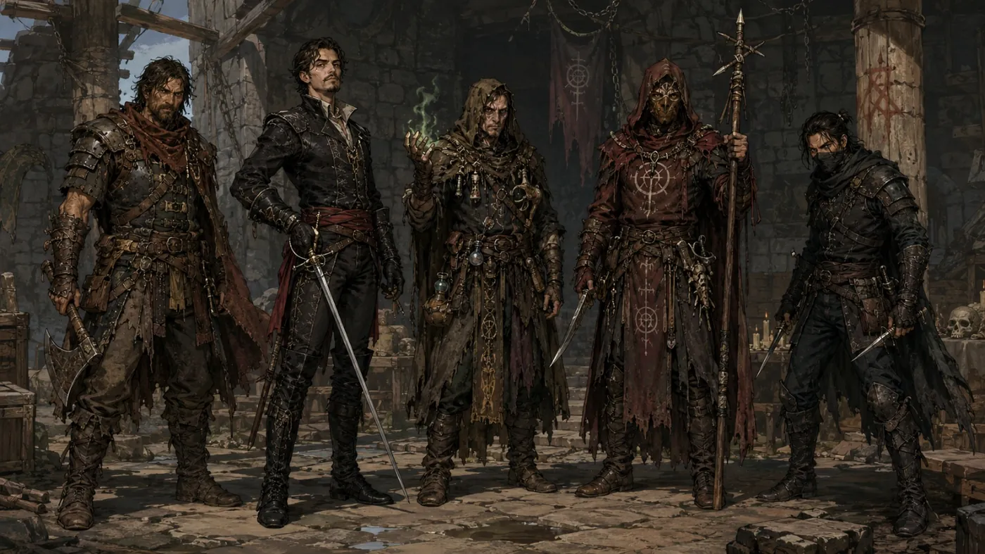 The image depicts four characters, each clad in medieval armor, standing in a dimly lit room with medieval weaponry and a sense of readiness. KI-generierte Inhalte können fehlerhaft sein.
