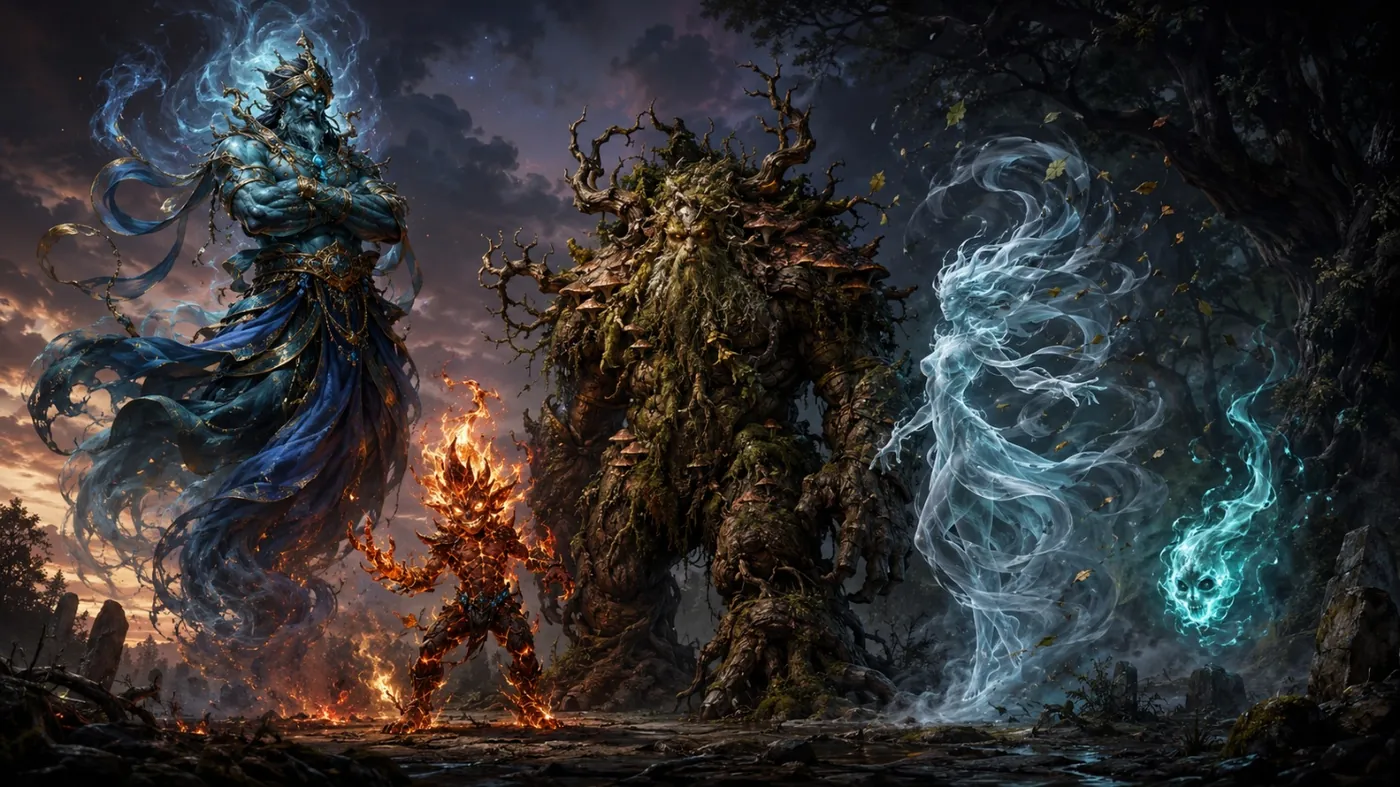 The image depicts an eerie forest scene with a mysterious, blue-robed figure amidst towering, gnarled trees, surrounded by swirling, glowing blue energy, and a towering, fiery, glowing figure on the other side. KI-generierte Inhalte können fehlerhaft sein.