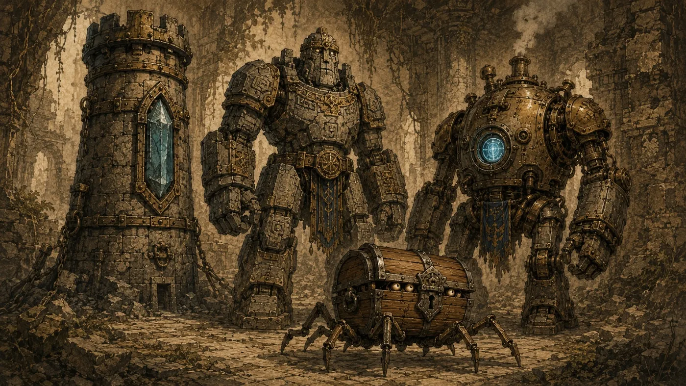 The image depicts a desolate, rusty, and dilapidated cityscape with three large, intimidating, and mechanically advanced humanoid robots standing guard over the decaying structures. KI-generierte Inhalte können fehlerhaft sein.