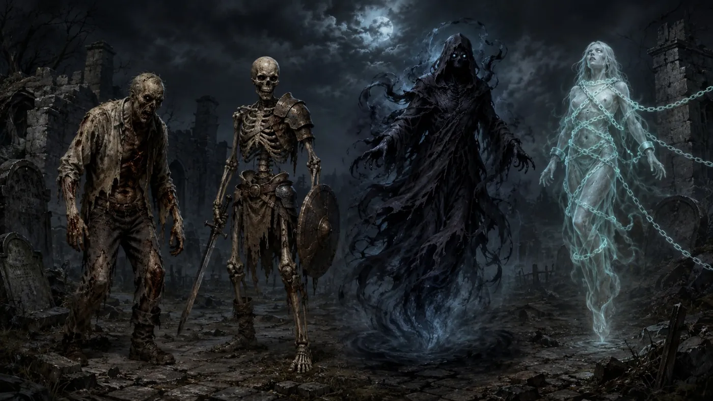 The image depicts three eerie skeletal figures, one with glowing ghostly hair, another holding a shield, and the last one with electric blue tendrils. KI-generierte Inhalte können fehlerhaft sein.