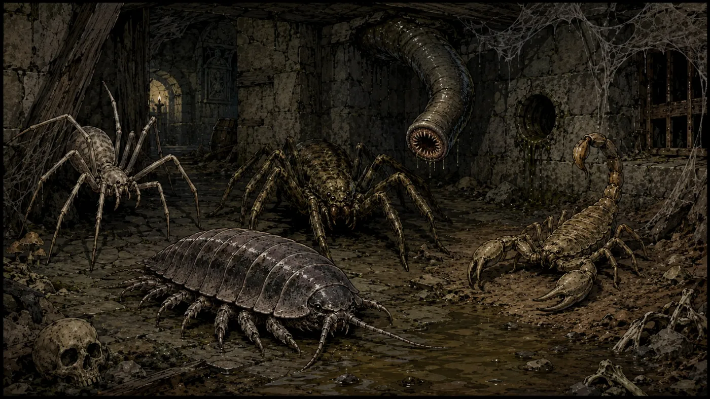 The image depicts a dark, cluttered underground chamber filled with a variety of spiders, including a large, ominous-looking spider, creating a sense of unease and creepiness. KI-generierte Inhalte können fehlerhaft sein.