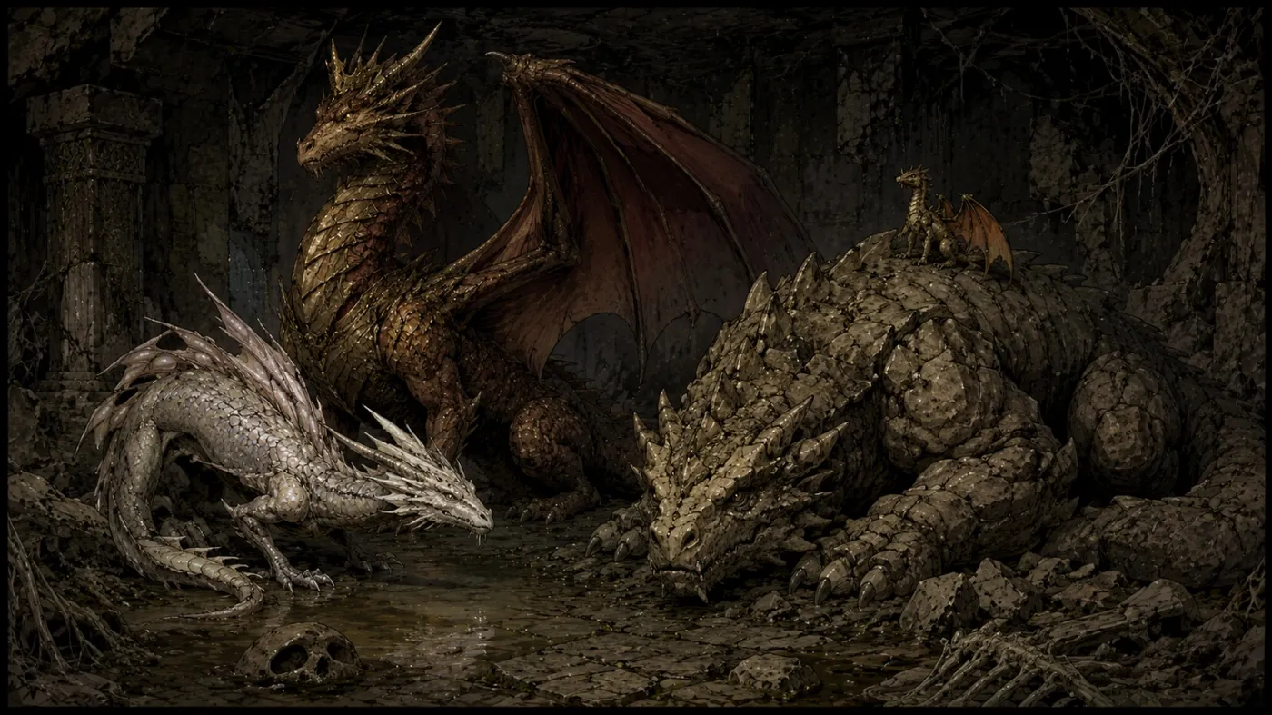 The image depicts two majestic dragons, one with a fiery red wing, and another with a serene, white coat, both resting amidst a rugged, medieval-style landscape. KI-generierte Inhalte können fehlerhaft sein.