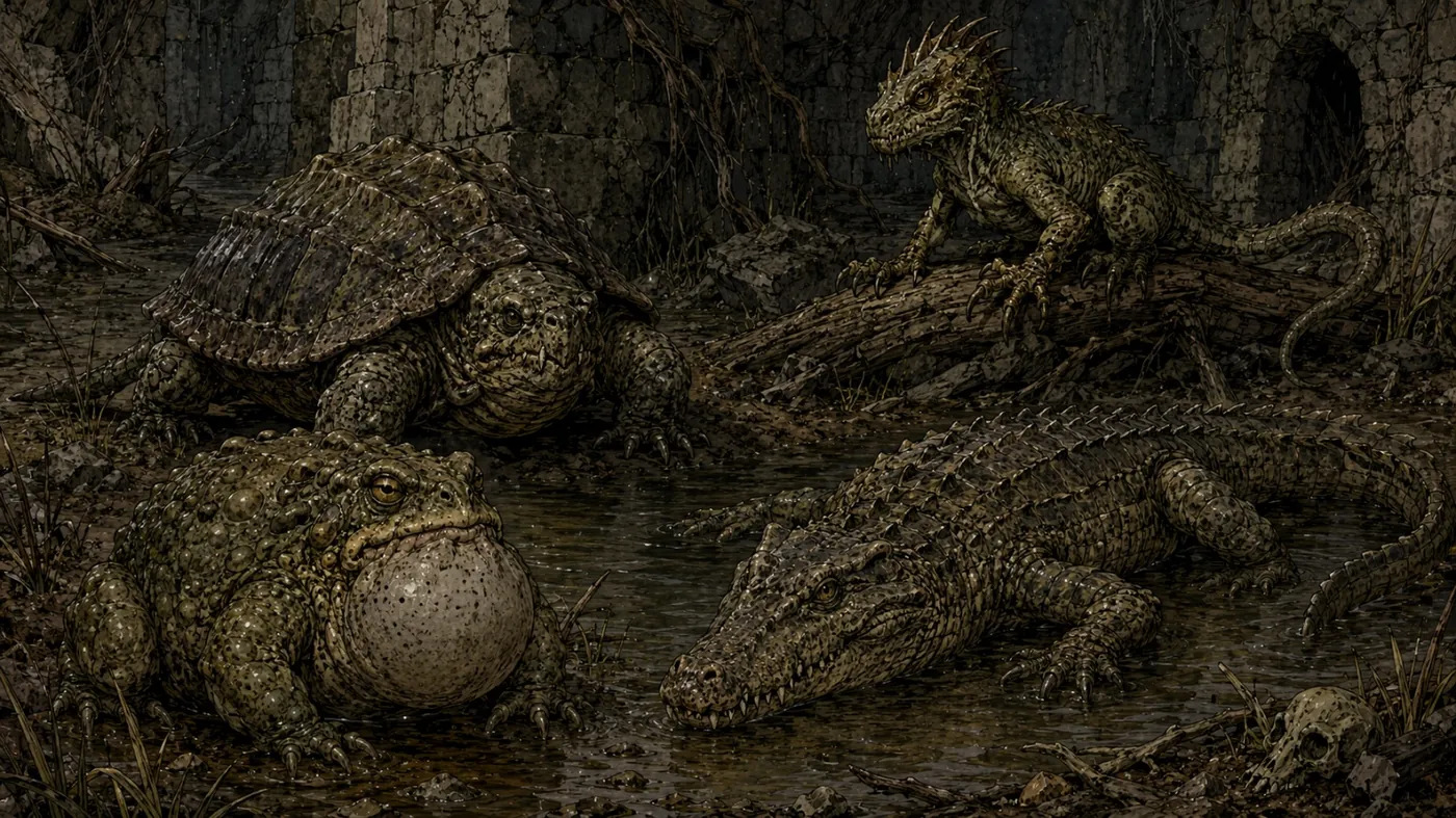 The image depicts two large crocodiles resting in a murky swamp, with one peering at a large, spherical object. KI-generierte Inhalte können fehlerhaft sein.