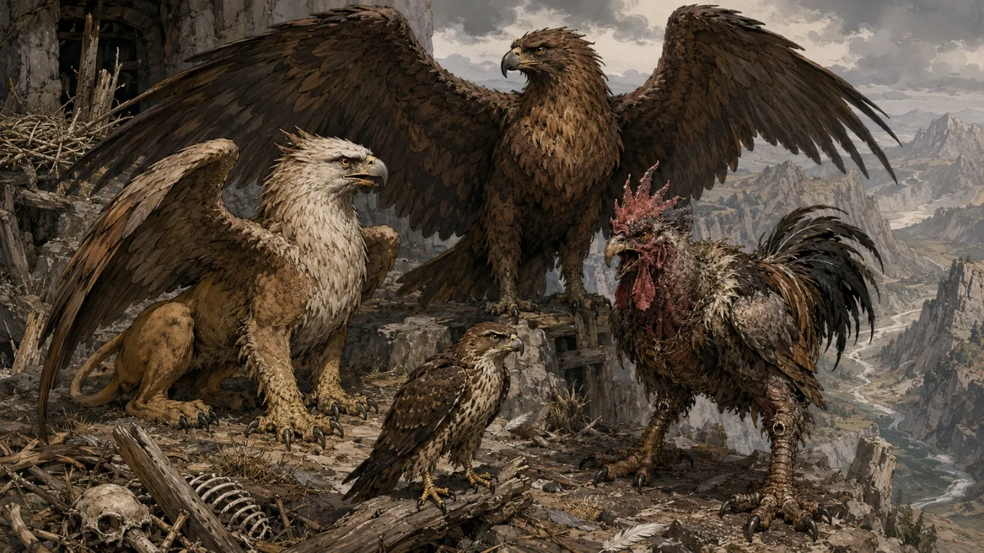 Three majestic eagles perched upon a rocky, rugged landscape under a stormy sky. KI-generierte Inhalte können fehlerhaft sein.