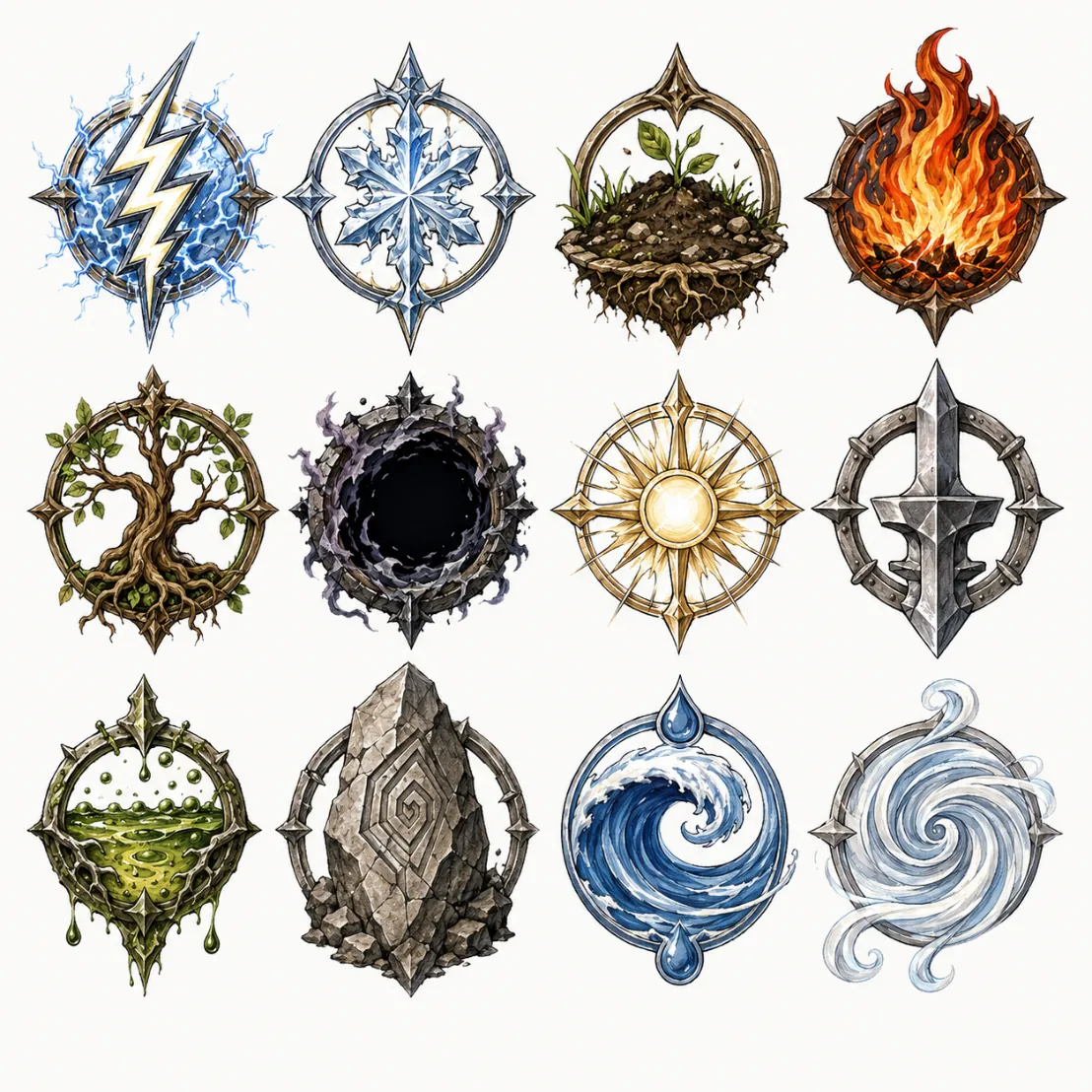 The image displays a collection of various fantasy symbols including a tree, a lightning bolt, a compass, a sword, a circle, and a swirling pattern, all within a minimalist, white background. KI-generierte Inhalte können fehlerhaft sein.
