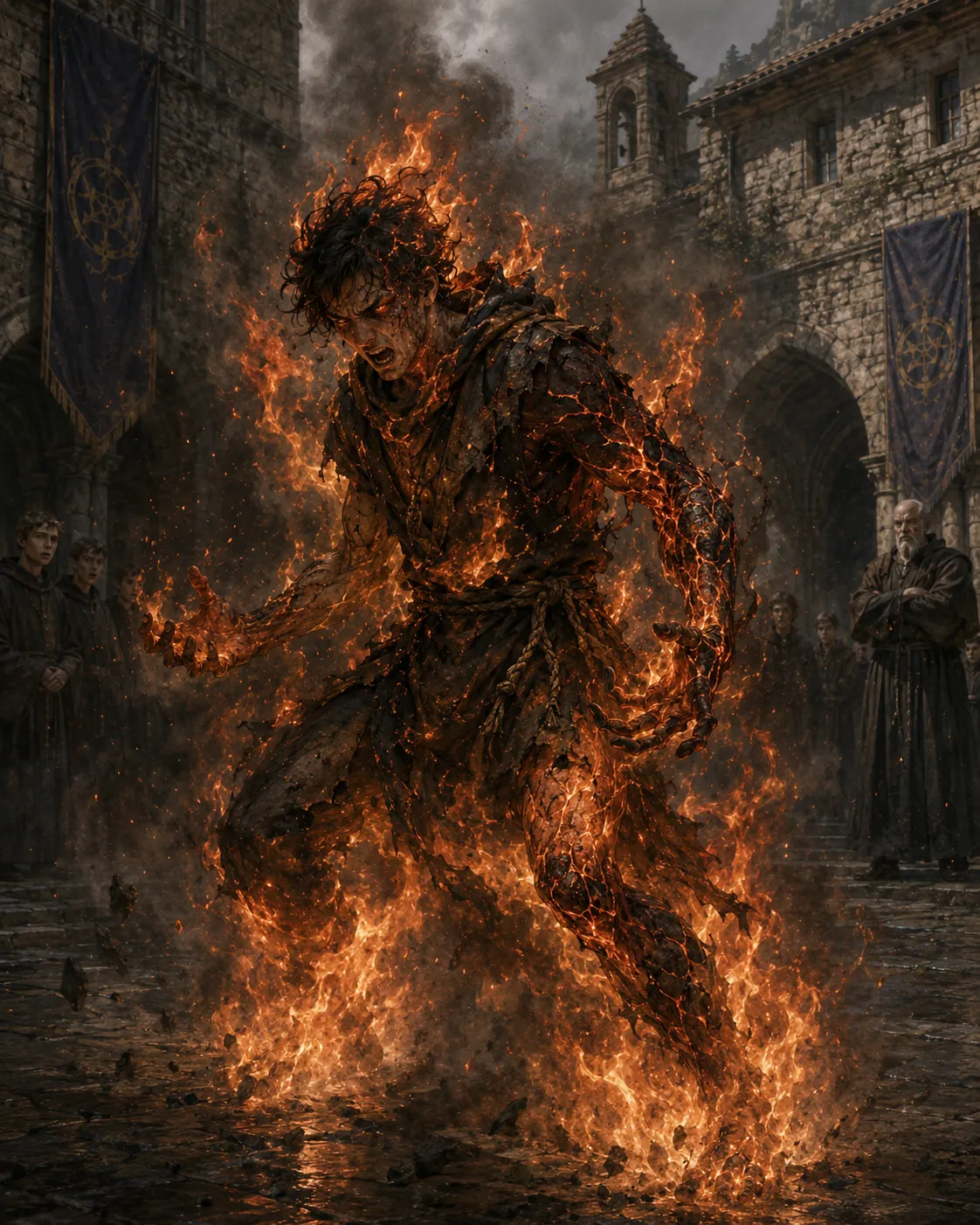 A medieval knight is fiercely battling a blaze, with medieval architecture and a dramatic, smoky atmosphere in the background. KI-generierte Inhalte können fehlerhaft sein.