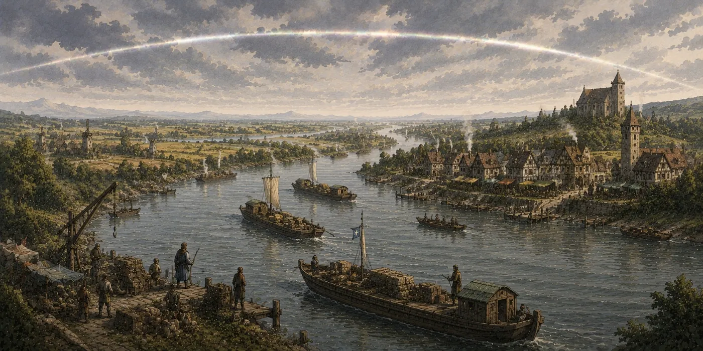 The image depicts a historical maritime scene with a steamship docked by a river, a large town with quaint buildings, and a dramatic rainbow arching above the water. KI-generierte Inhalte können fehlerhaft sein.