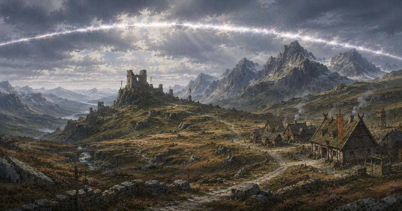 The image depicts a medieval castle perched on a rugged, snow-capped mountain amidst a dramatic, stormy landscape. KI-generierte Inhalte können fehlerhaft sein.