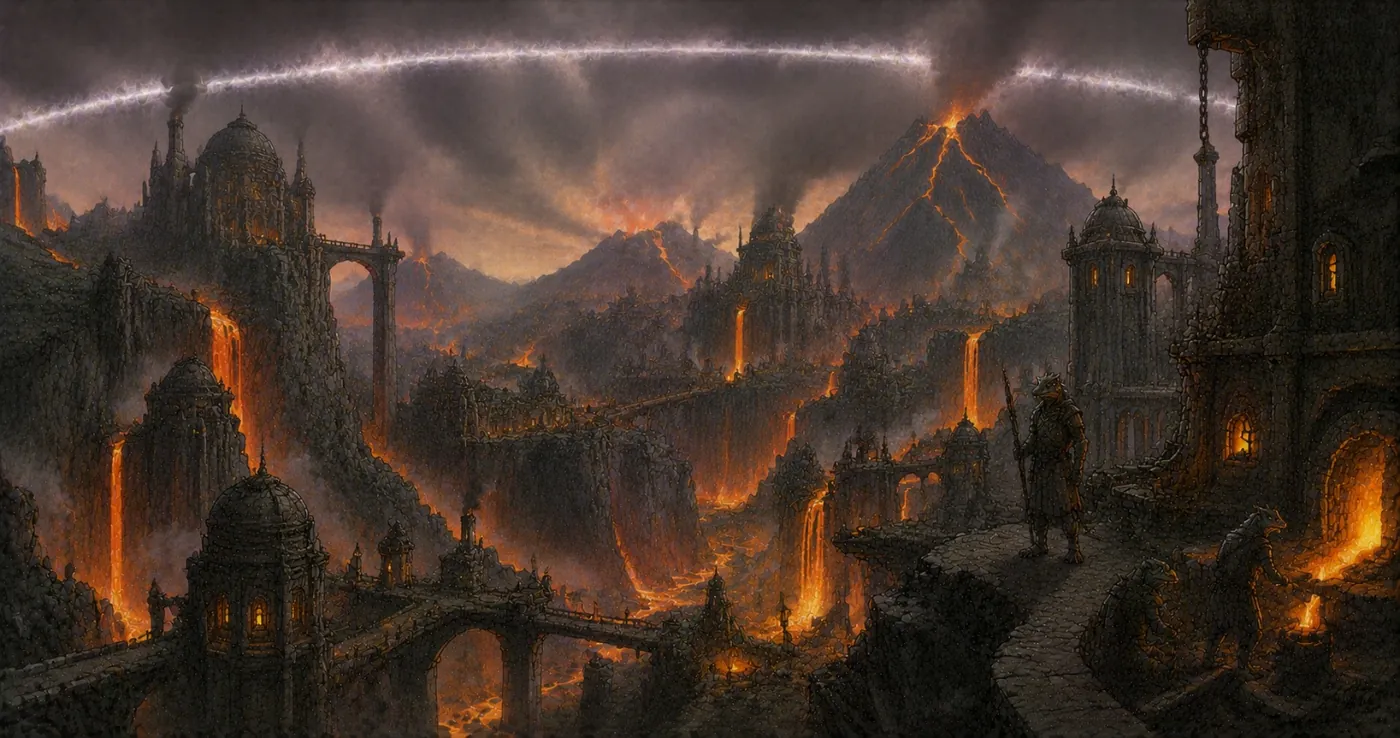 The image depicts a dramatic, otherworldly landscape with towering structures, smoldering fires, and a radiant, otherworldly glow, suggesting a scene from a fantasy or science fiction setting. KI-generierte Inhalte können fehlerhaft sein.