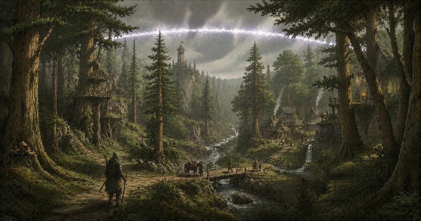 The image depicts a serene, dense forest with a clear, shimmering rainbow arching above, a small group of people riding horses, and a tranquil stream meandering through the landscape. KI-generierte Inhalte können fehlerhaft sein.