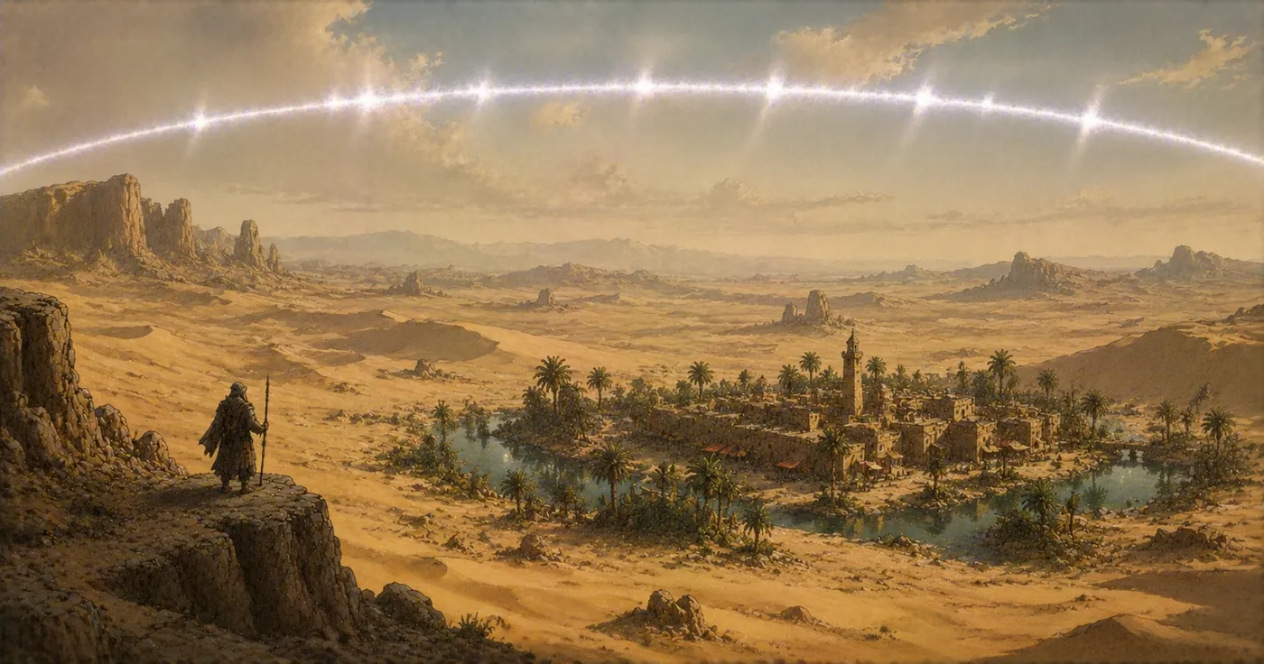 The image depicts a serene desert landscape with a solitary figure, a palm tree, and a vibrant, colorful rainbow arching across the sky. KI-generierte Inhalte können fehlerhaft sein.