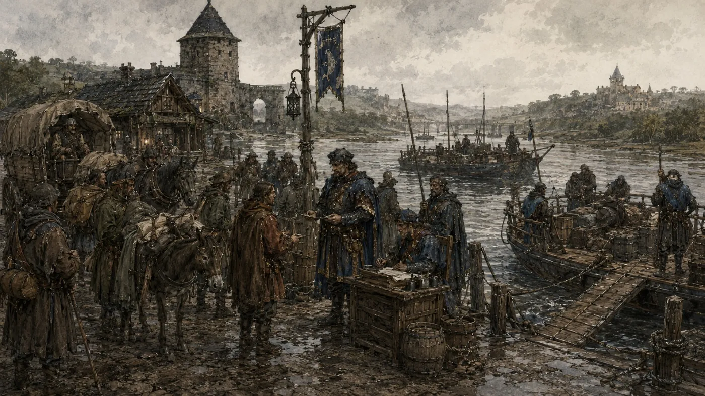 The image depicts a medieval township with people gathered around a waterfront, boats docked, and a prominent stone tower in the background. KI-generierte Inhalte können fehlerhaft sein.