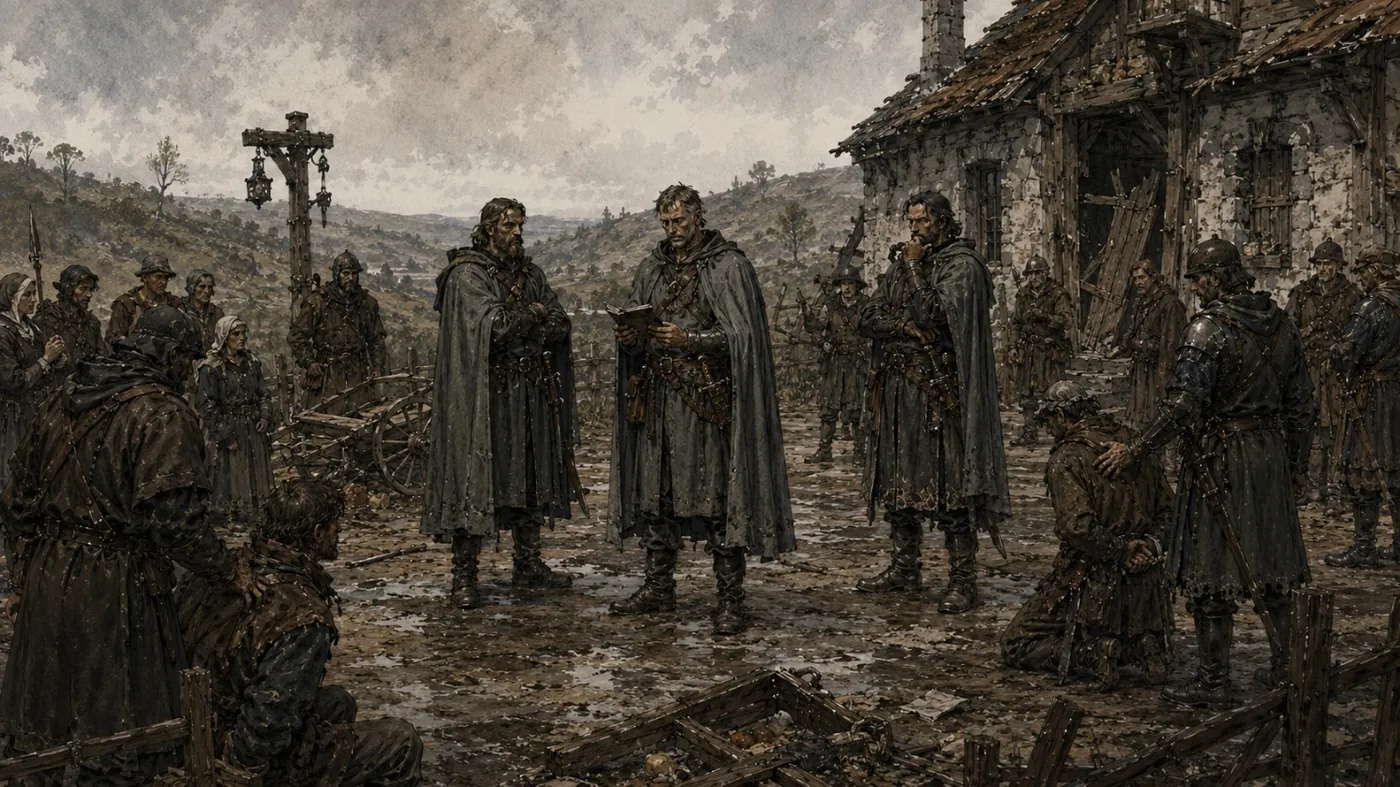 The image depicts a medieval scene with several figures, some in robes, gathered around a crucifix, under a gray, cloudy sky, with a small church and houses in the background. KI-generierte Inhalte können fehlerhaft sein.
