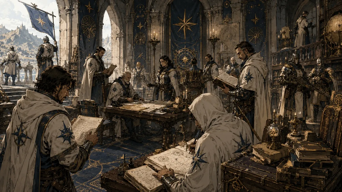 The image depicts a medieval-style room with numerous figures engaged in activities, surrounded by ornate architecture and religious iconography. KI-generierte Inhalte können fehlerhaft sein.