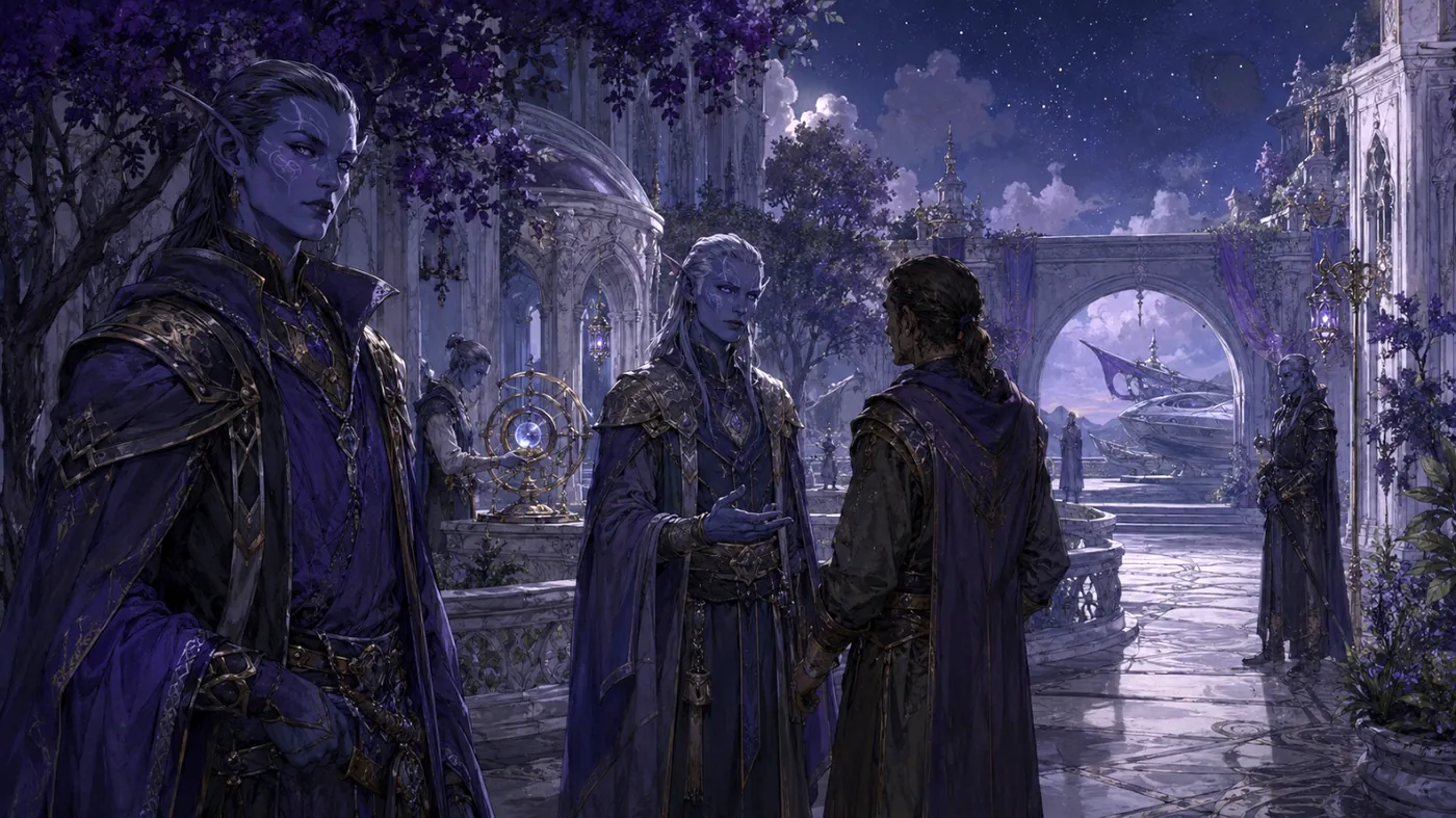 The image depicts two medieval figures standing under an archway, surrounded by lush, fantasy-like architecture and a starry night sky. KI-generierte Inhalte können fehlerhaft sein.