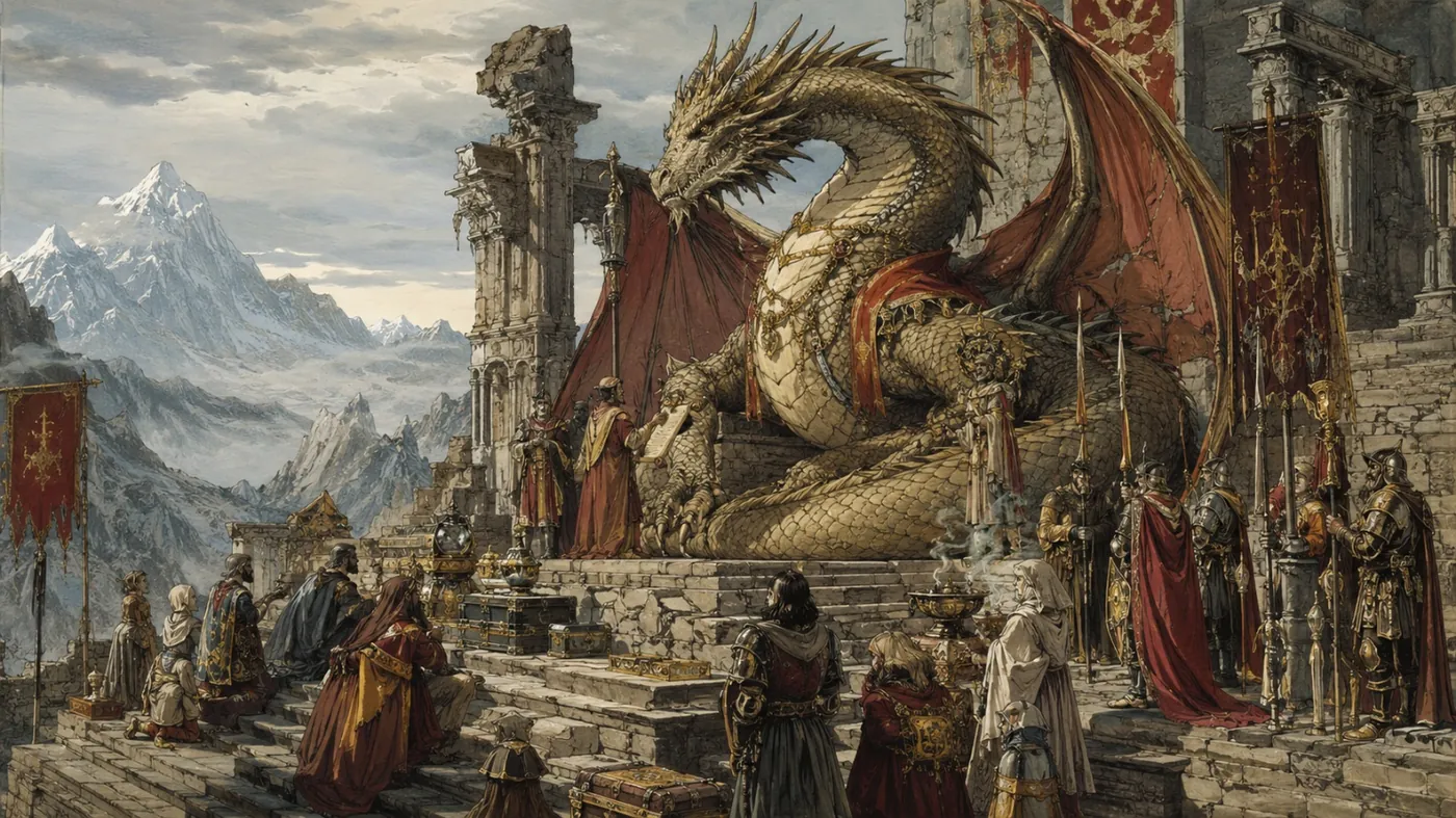 The image depicts a majestic dragon perched on a throne amidst a medieval castle, with knights and nobles in period attire, and a backdrop of snowy mountains. KI-generierte Inhalte können fehlerhaft sein.