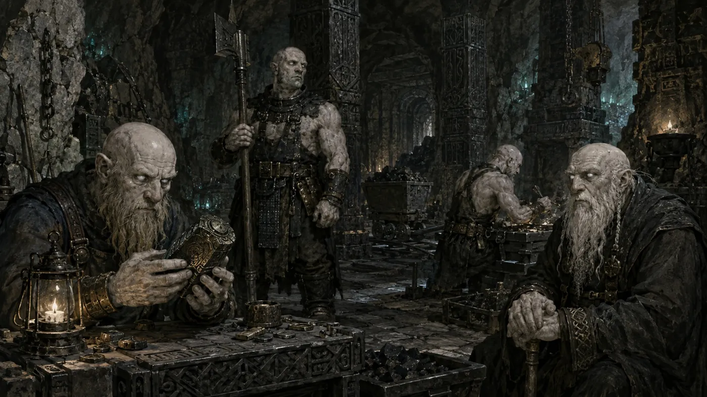 The image depicts a dark, medieval-style interior with three hooded figures, each holding a tray, seated around a cluttered, ornate wooden table. KI-generierte Inhalte können fehlerhaft sein.
