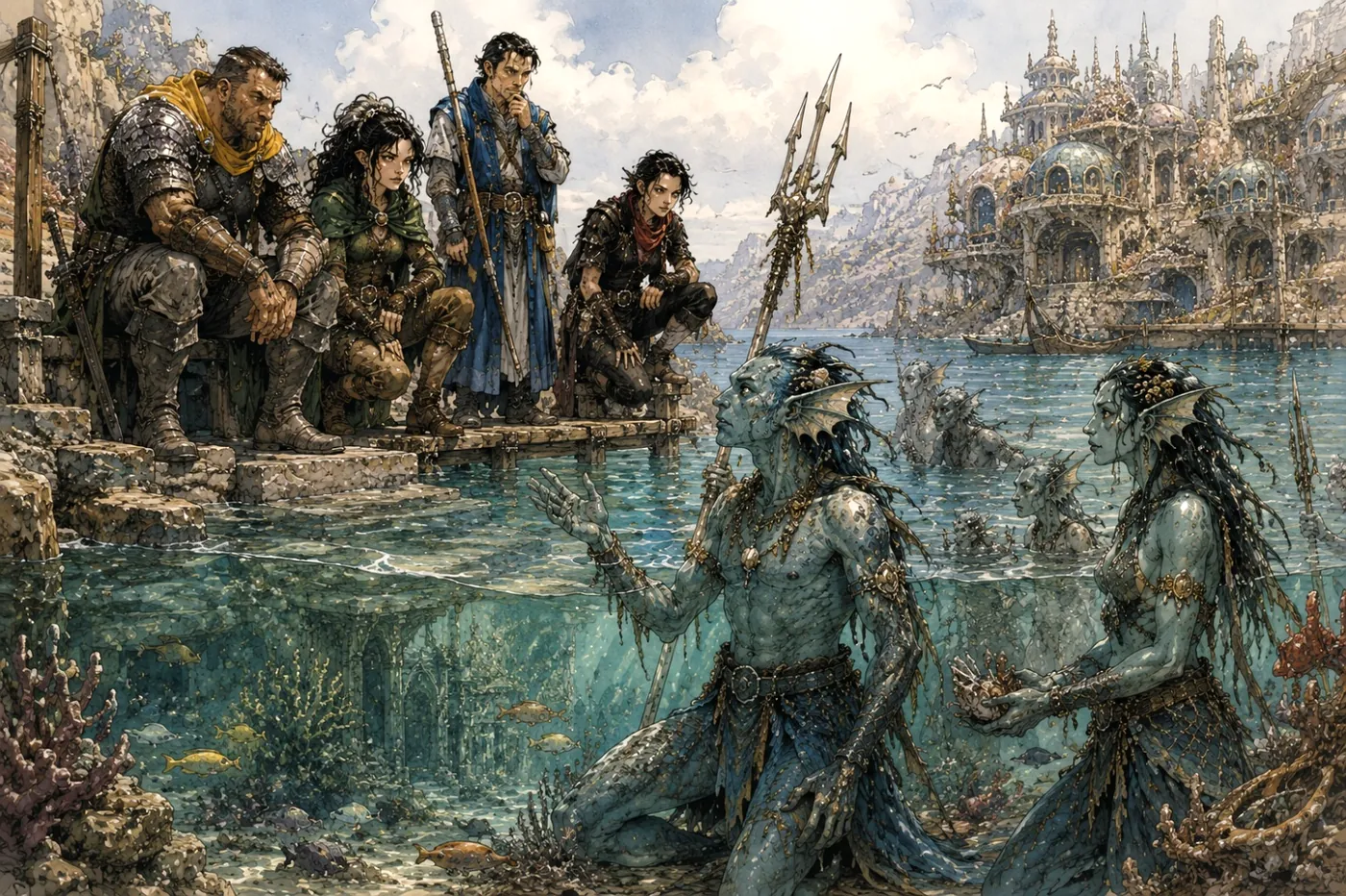 The image depicts a fantasy scene with a group of characters, including a mermaid, seated around a table in a maritime setting, with a castle in the background. KI-generierte Inhalte können fehlerhaft sein.