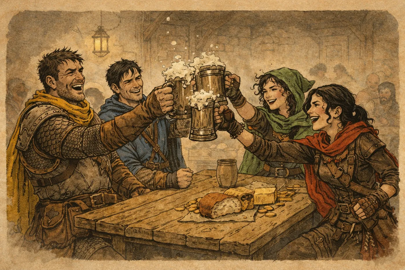 A group of characters in medieval attire share a meal and drinks from a wooden table in a rustic setting. KI-generierte Inhalte können fehlerhaft sein.