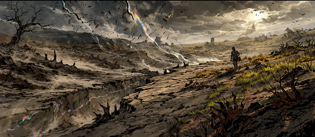 The image depicts a desolate, barren landscape with jagged, rocky terrain, scattered clouds, and a lone figure standing atop a cliff, under a dramatic, stormy sky. KI-generierte Inhalte können fehlerhaft sein.