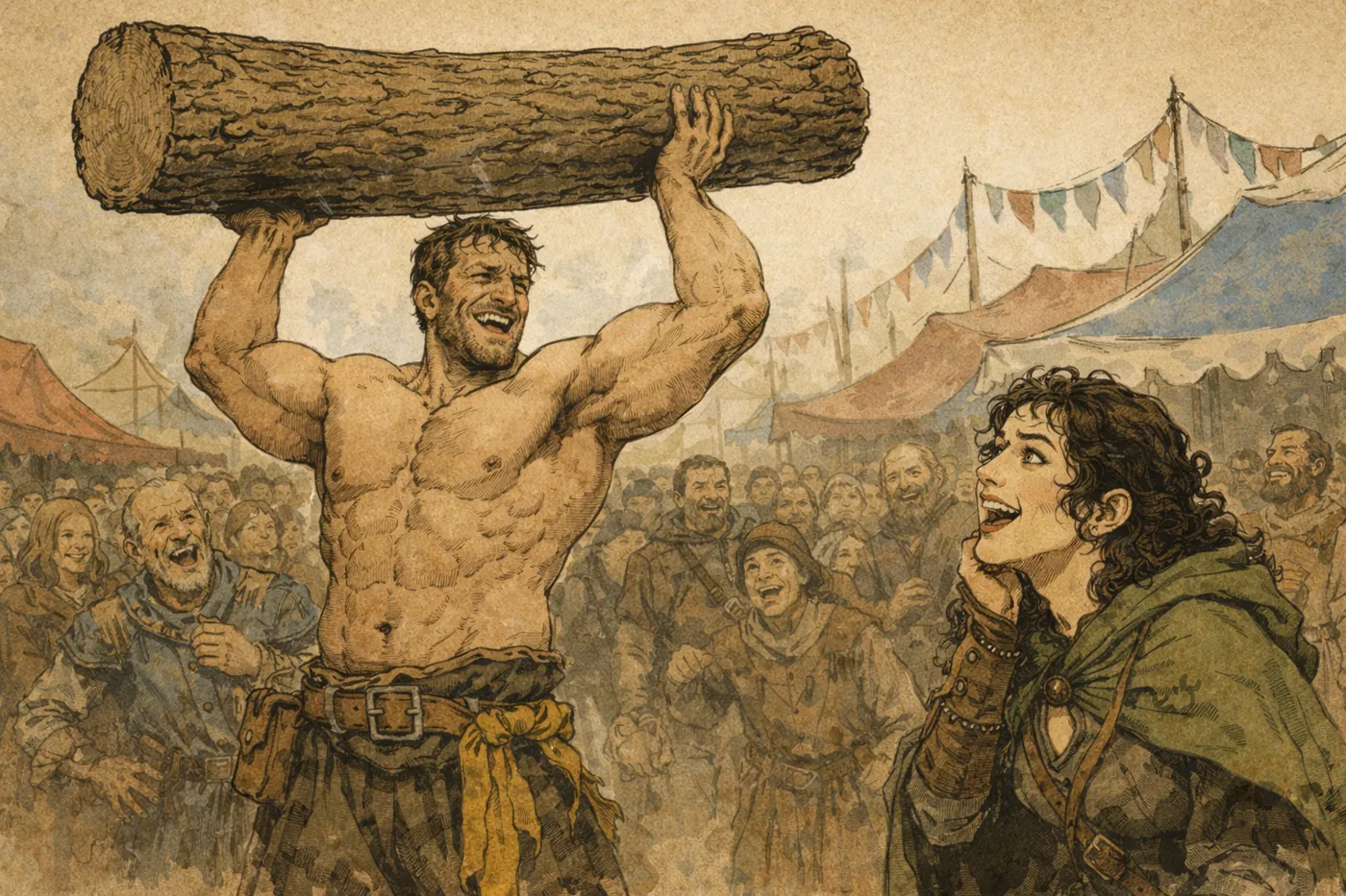 The image depicts a muscular, shirtless warrior holding a large log, surrounded by an audience of people in a medieval-style setting with tents and flags. KI-generierte Inhalte können fehlerhaft sein.