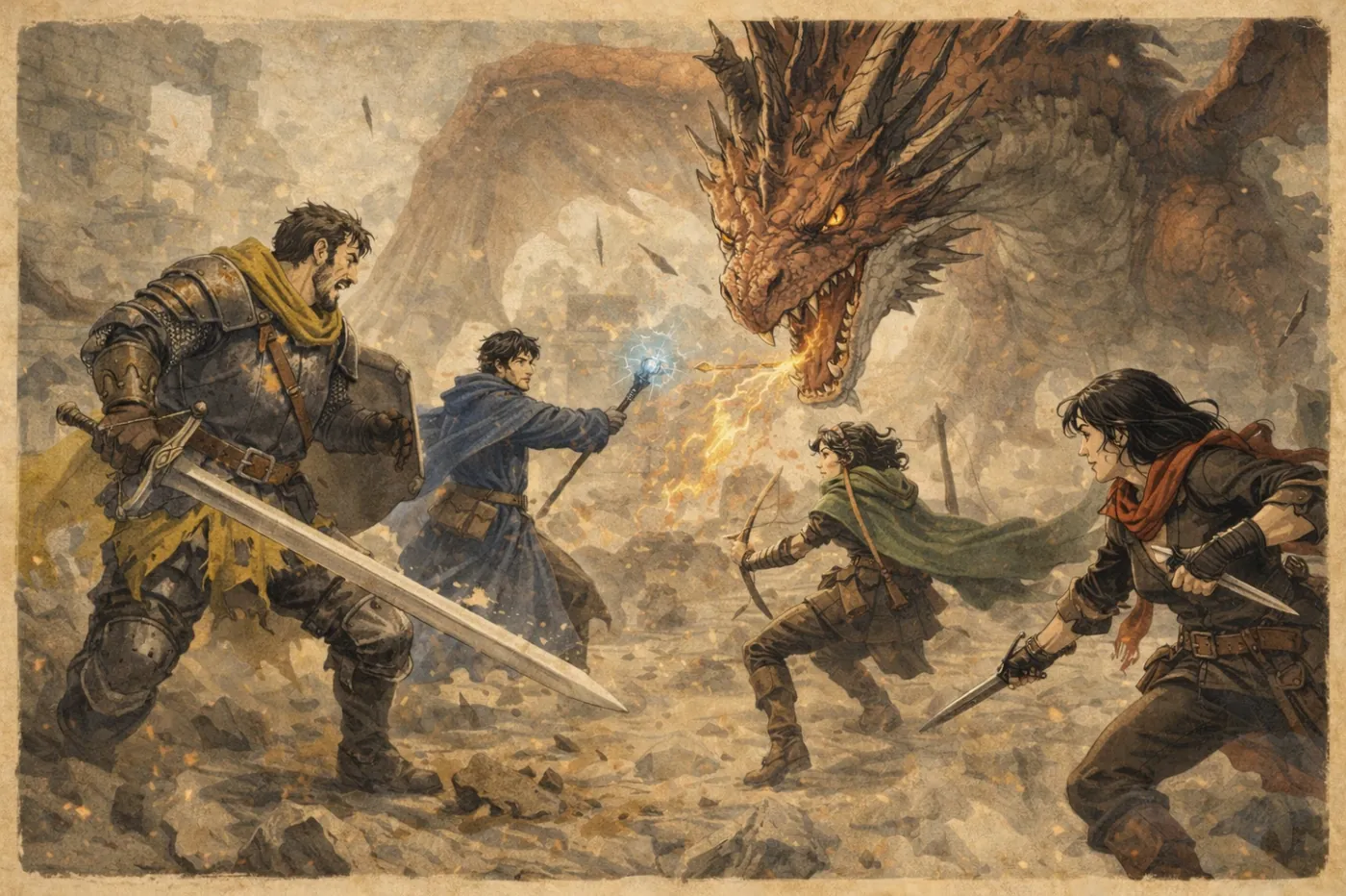 The image depicts a dramatic battle scene with a dragon and warriors, showcasing the clash of their weapons and the dragon's fiery breath. KI-generierte Inhalte können fehlerhaft sein.