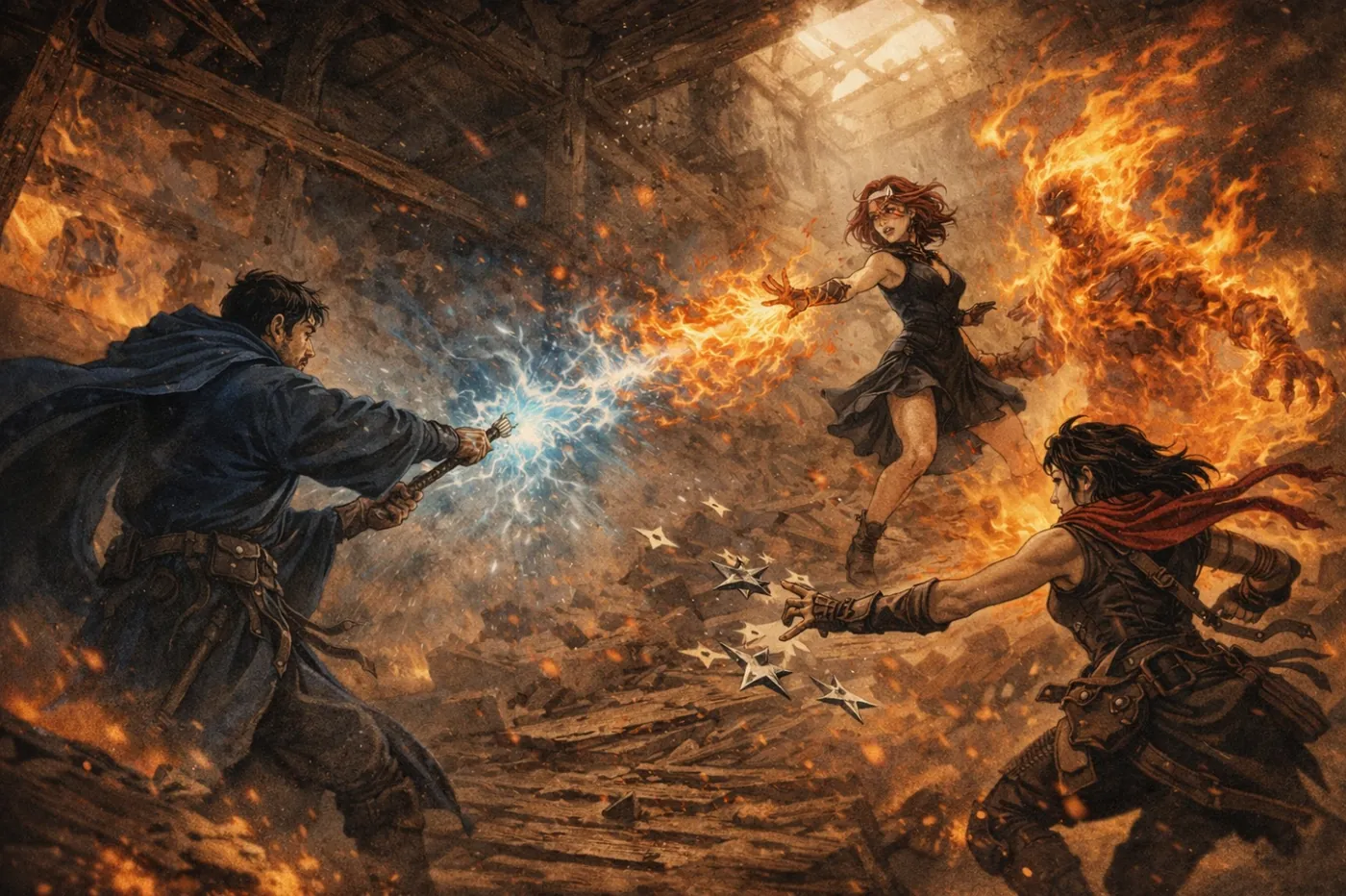 A dynamic scene depicts a warrior igniting a blaze with a sword, while others watch in awe amidst a ruined, smoldering setting. KI-generierte Inhalte können fehlerhaft sein.