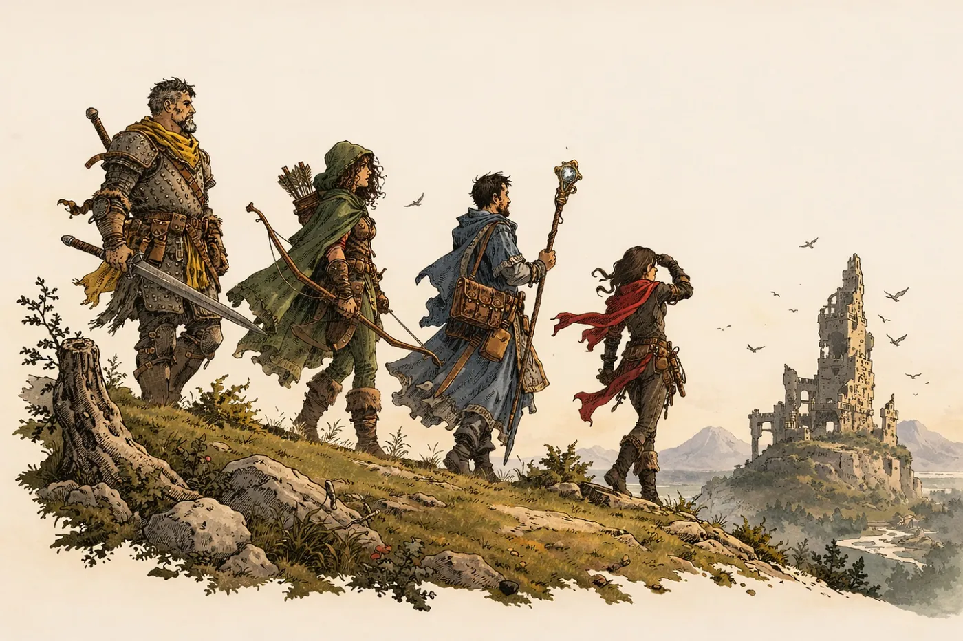 Three adventurers, clad in armor and carrying swords, ascend a rocky hill towards a distant medieval castle silhouetted against a clear sky. KI-generierte Inhalte können fehlerhaft sein.
