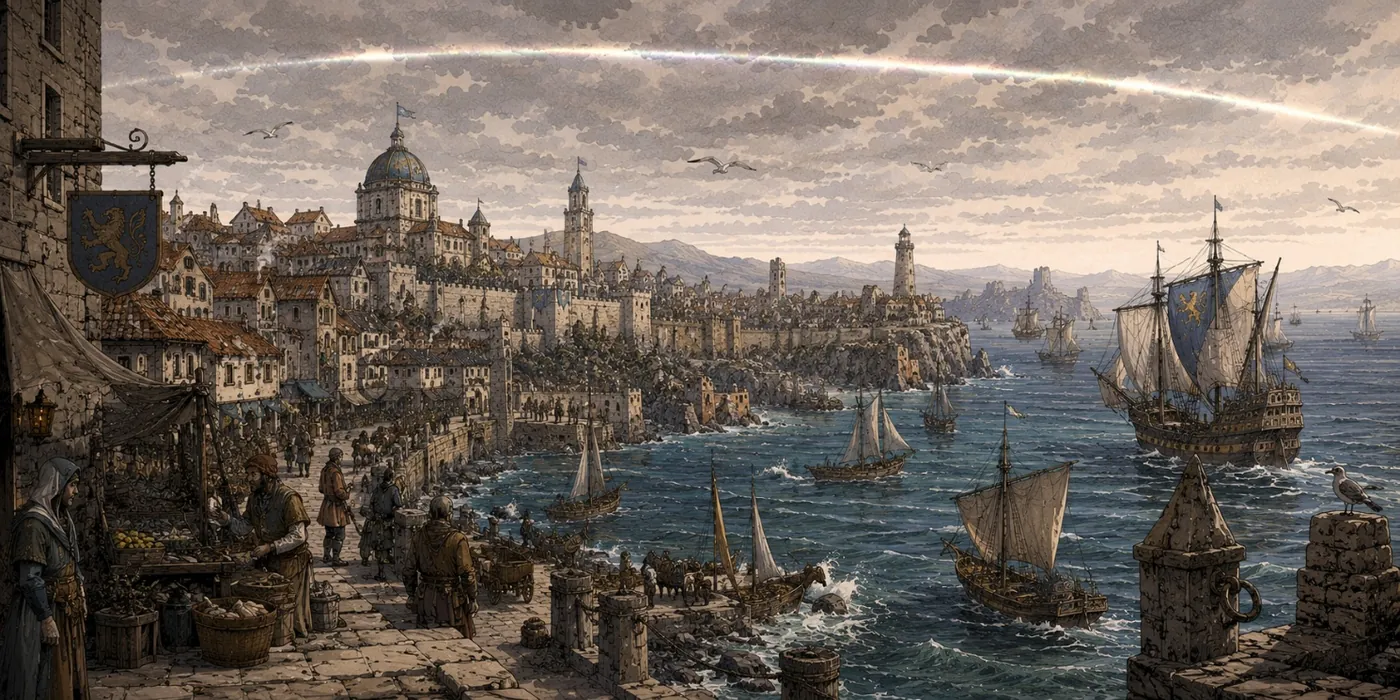The image depicts a historical harbor scene with multiple ships sailing, a medieval city skyline, and a dramatic sunset or sunrise with a colorful sky. KI-generierte Inhalte können fehlerhaft sein.