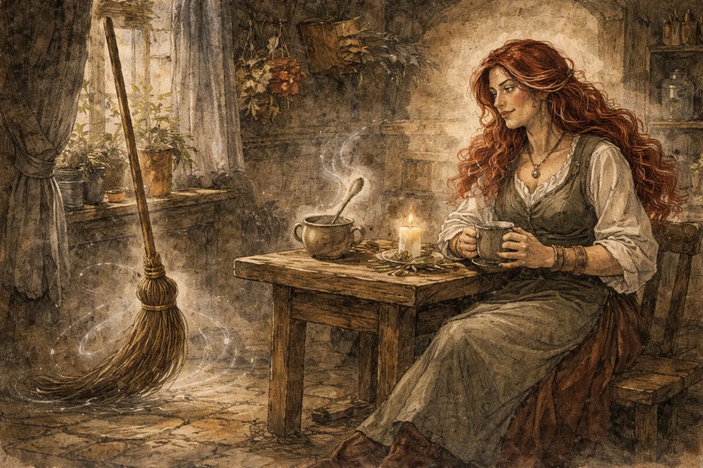 The image depicts a woman with long red hair sitting at a rustic table, holding a pot, with a broom and a candle nearby, and a window with a curtain partially open, suggesting a cozy, enchanting atmosphere. KI-generierte Inhalte können fehlerhaft sein.