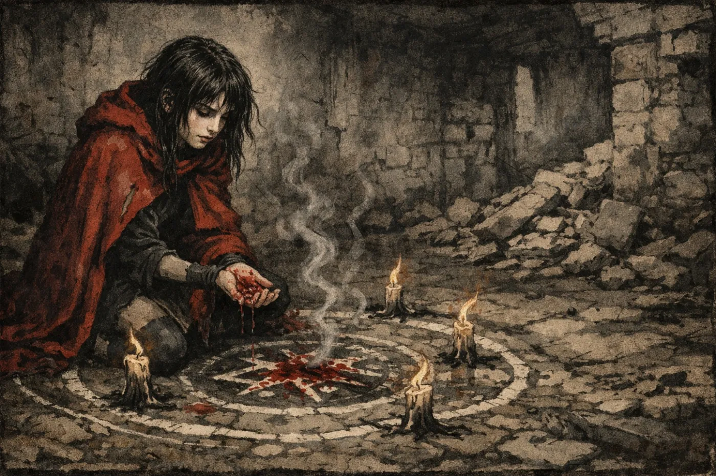 A solitary figure in a red cloak, surrounded by flickering candle flames, centers a circle of black, symbolizing a ritualistic ceremony. KI-generierte Inhalte können fehlerhaft sein.
