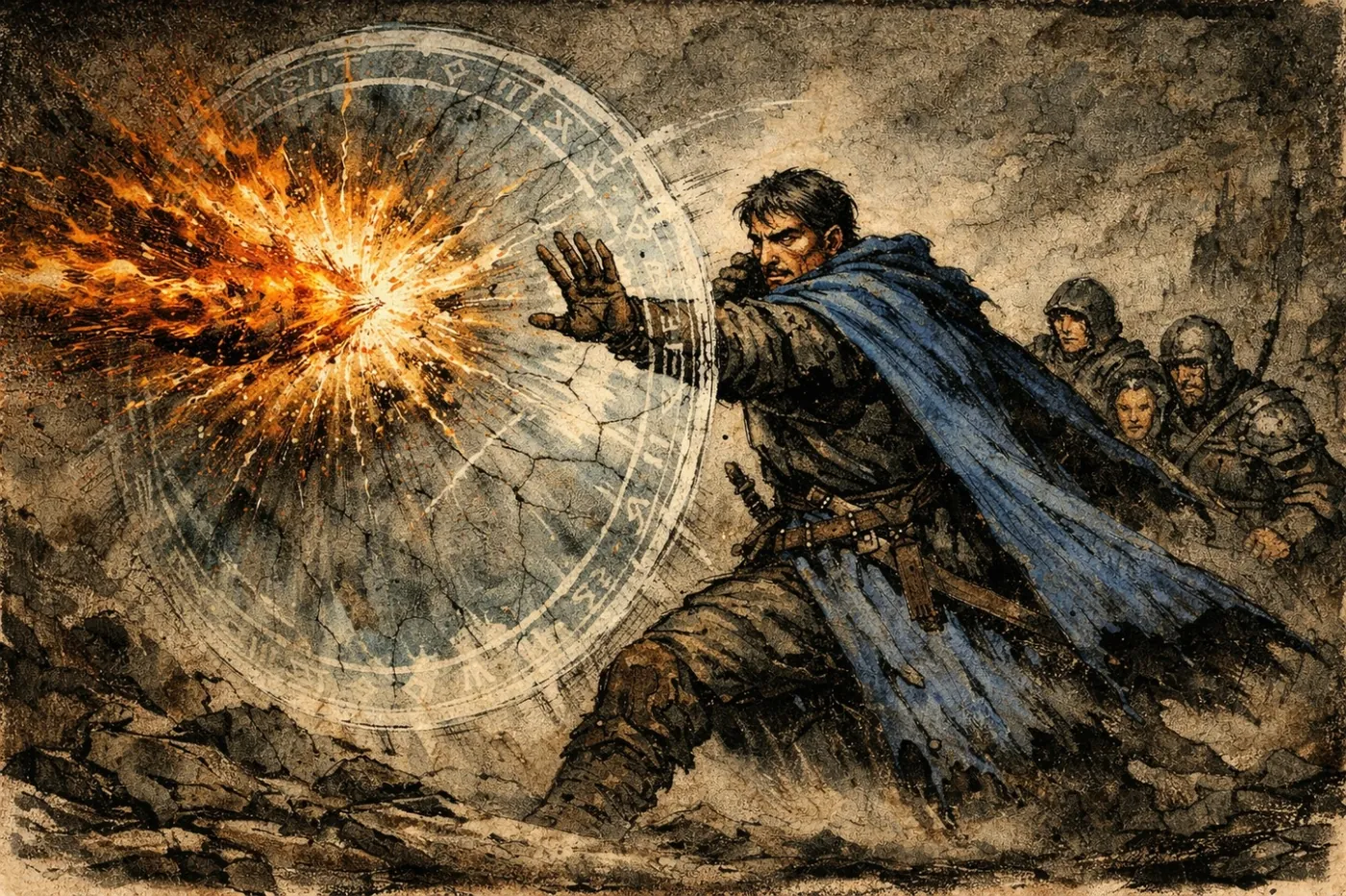 The image depicts a warrior in a cloak, holding a bow, with an explosive arrow launching from his hand amidst a dramatic, fiery explosion. KI-generierte Inhalte können fehlerhaft sein.