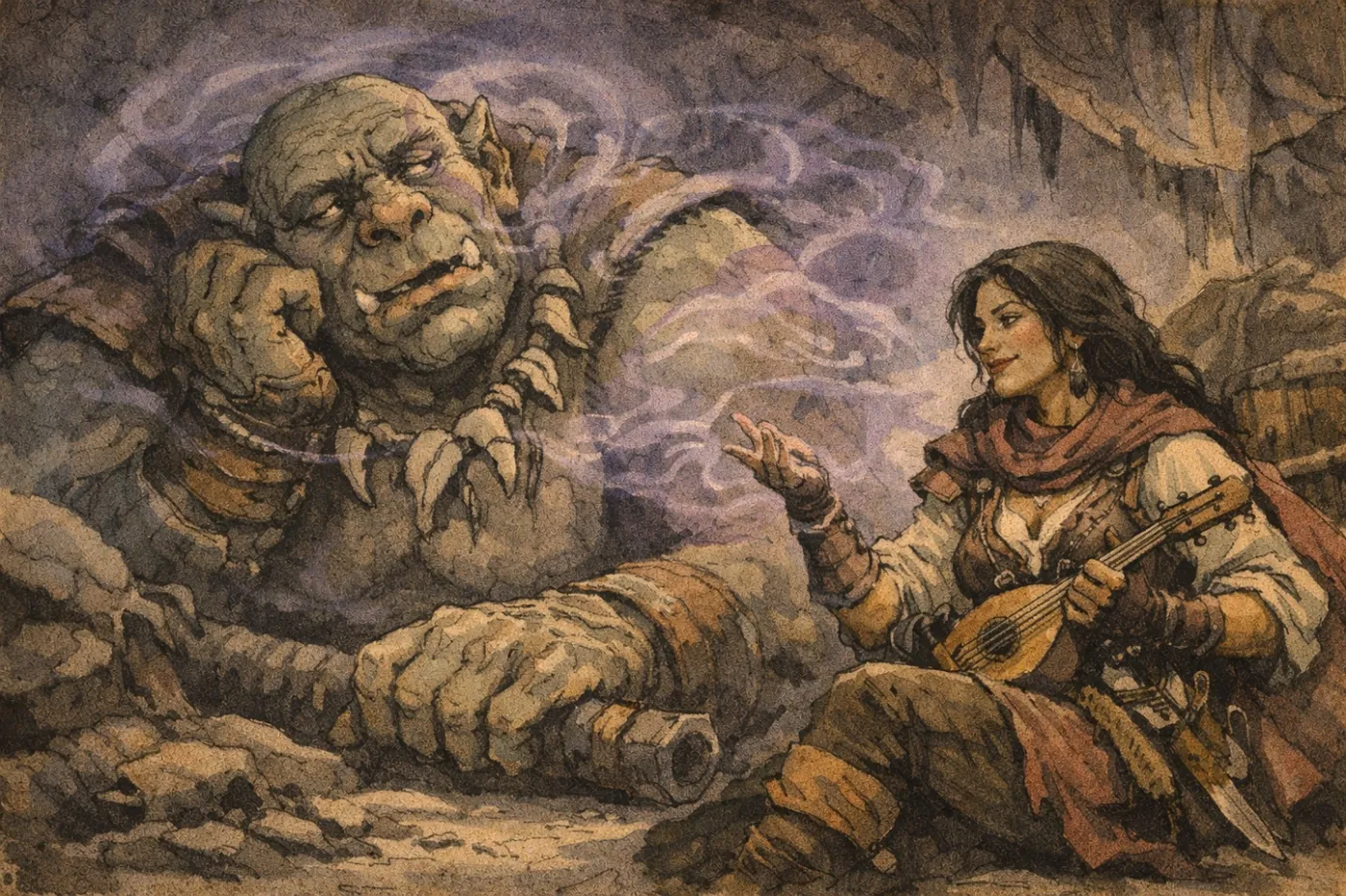 The image depicts a fantasy scene with a towering, wrinkled character holding a pipe, while a smaller figure with a red cloak and a wooden flute looks on. KI-generierte Inhalte können fehlerhaft sein.