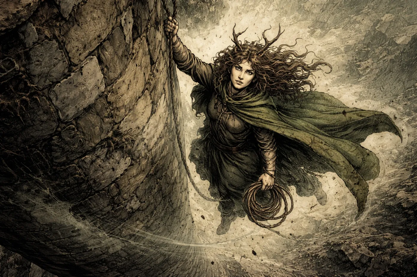 The image depicts a fantasy character with long, flowing hair, dressed in a green cloak, reaching out with a woven basket, against a dramatic, rocky, stormy backdrop. KI-generierte Inhalte können fehlerhaft sein.