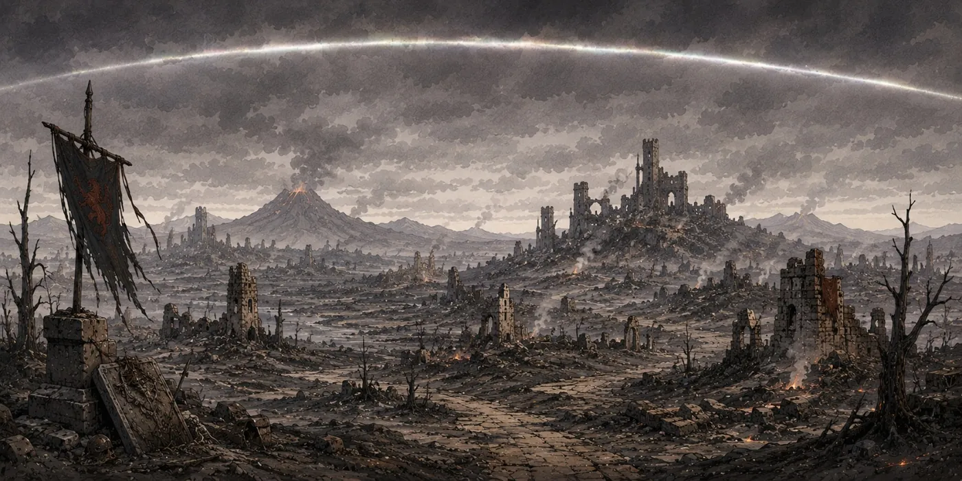 The image depicts a desolate, post-apocalyptic landscape with towering ruins and a dramatic, dark sky, suggesting a scene of desolation and desolation. KI-generierte Inhalte können fehlerhaft sein.