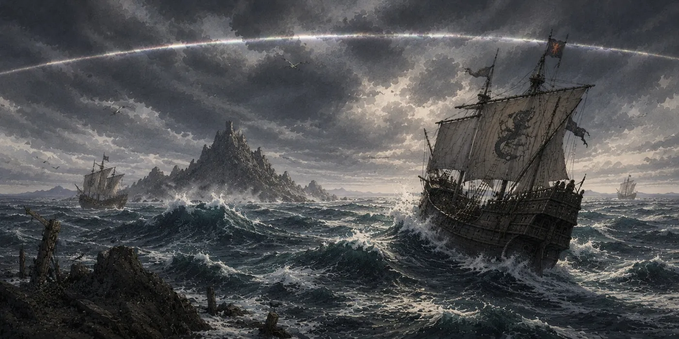 The image depicts a stormy sea with several ships navigating through turbulent waters under a dramatic, dark sky. KI-generierte Inhalte können fehlerhaft sein.