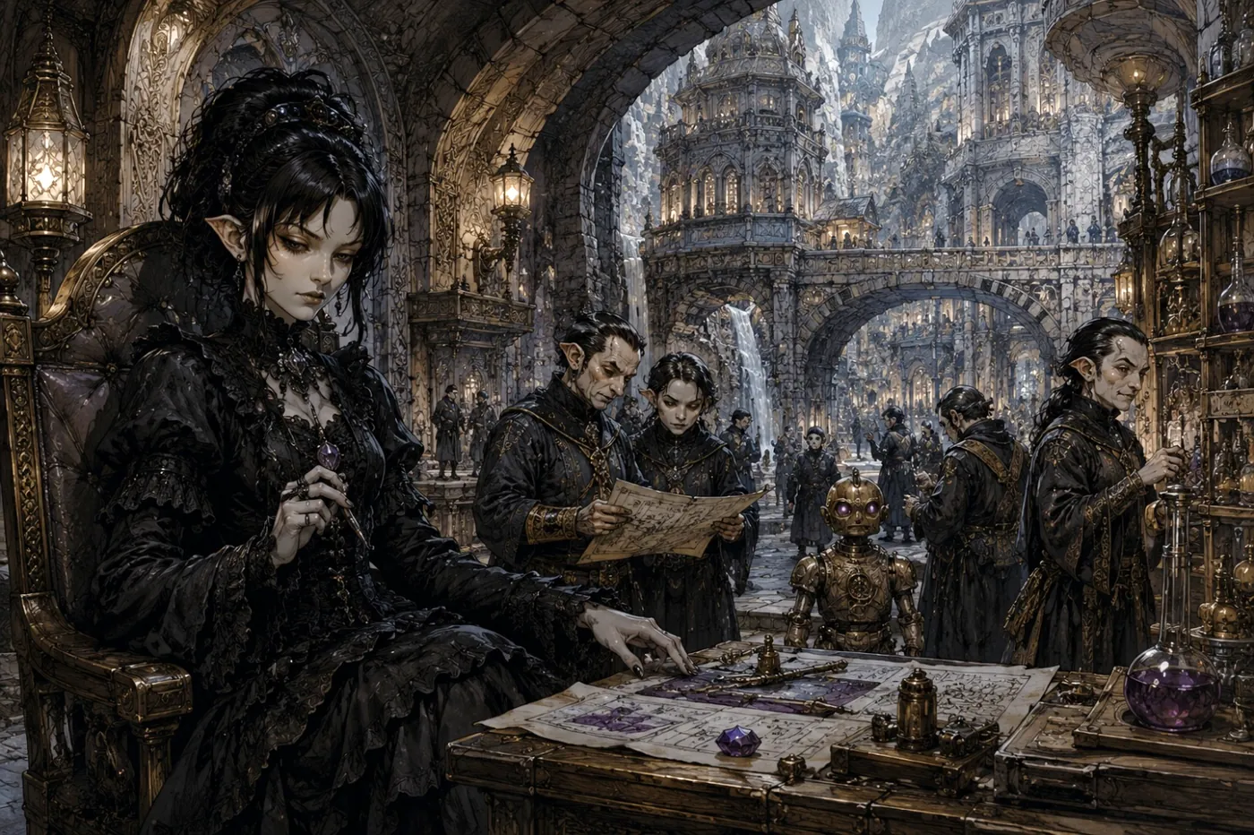 The image depicts a dark, medieval-inspired scene with a figure seated at a table surrounded by others, all engaged in what appears to be a solemn or mysterious activity. KI-generierte Inhalte können fehlerhaft sein.