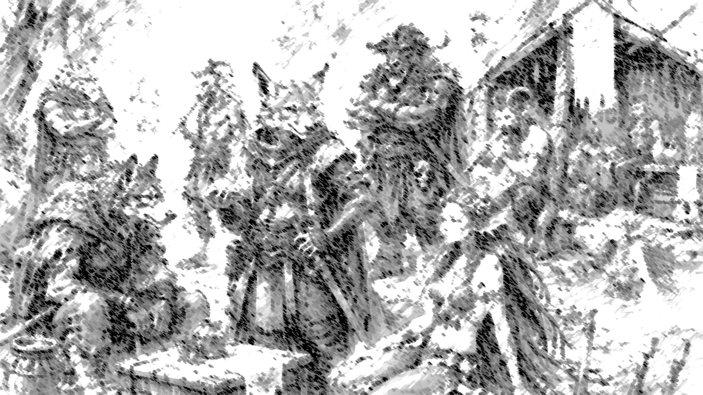 The image depicts a fantasy scene with a wolf, a human warrior, and other creatures in a rustic, forested setting. KI-generierte Inhalte können fehlerhaft sein.