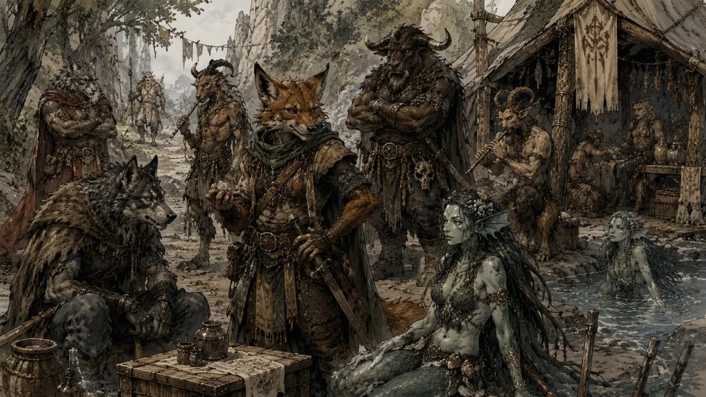 The image depicts a fantasy scene with a wolf, a human warrior, and other creatures in a rustic, forested setting. KI-generierte Inhalte können fehlerhaft sein.