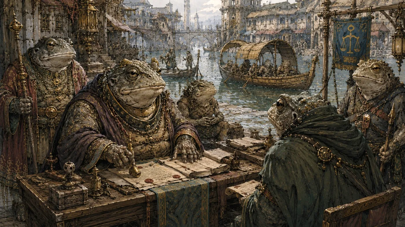 The image depicts a medieval market scene with a boat carrying a group of characters, all wearing elaborate costumes and engaging in trade activities. KI-generierte Inhalte können fehlerhaft sein.